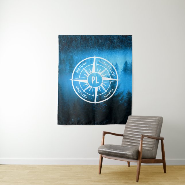 Compass star emblem monogram fog in spruce forest tapestry (In Situ)