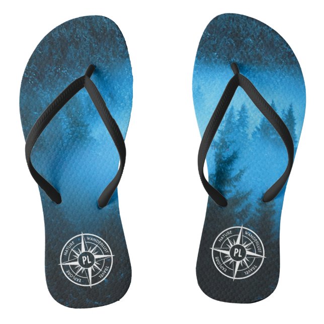 Compass star emblem monogram fog in spruce forest thongs (Footbed)