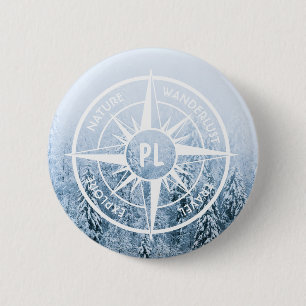 Compass star emblem monogram winter spruce forest 6 cm round badge