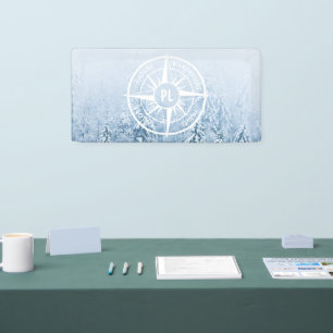 Compass star emblem monogram winter spruce forest banner