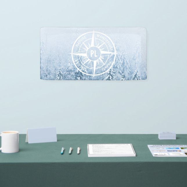 Compass star emblem monogram winter spruce forest banner (Tradeshow)