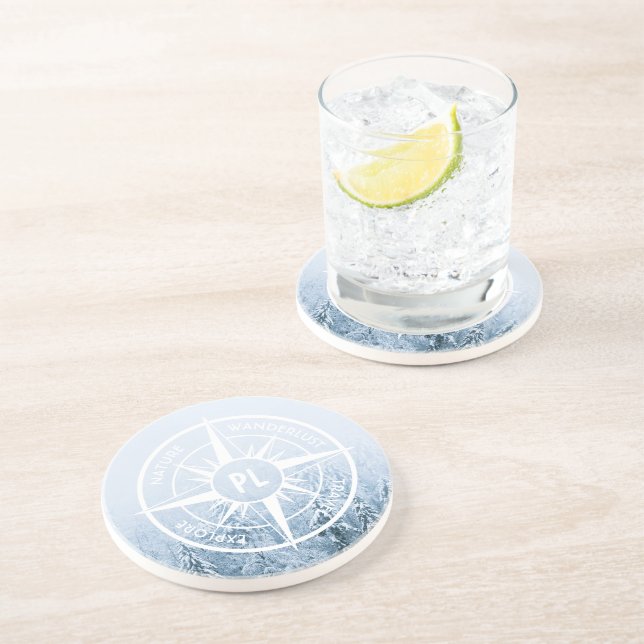 Compass star emblem monogram winter spruce forest coaster (Side)