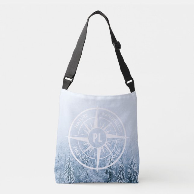 Compass star emblem monogram winter spruce forest crossbody bag (Front)