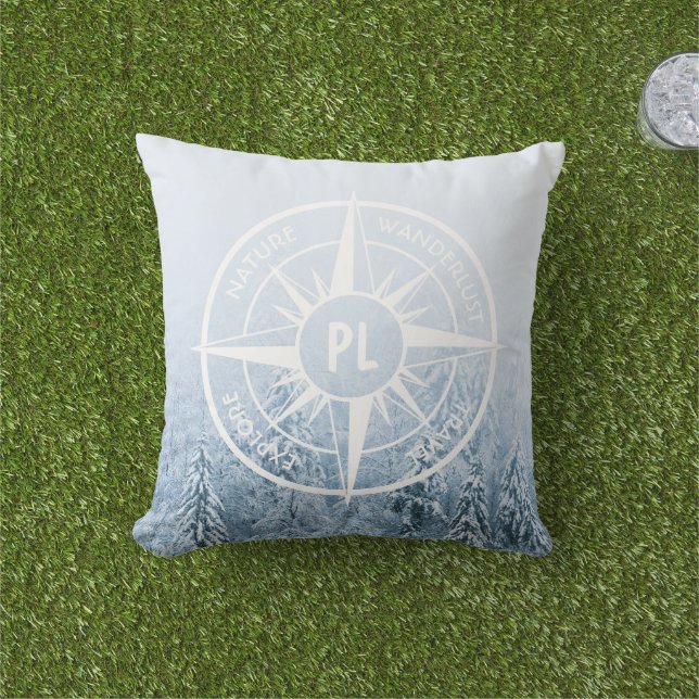 Compass star emblem monogram winter spruce forest cushion (Grass)