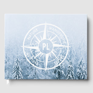 Compass star emblem monogram winter spruce forest guest book