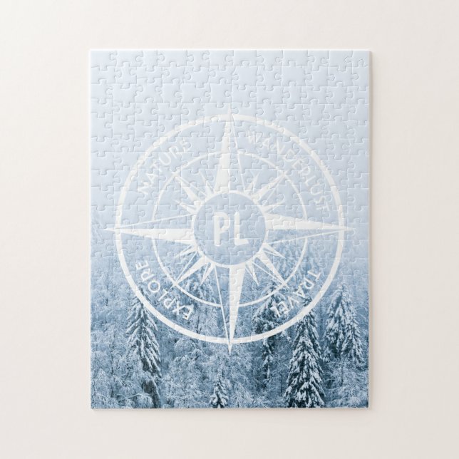 Compass star emblem monogram winter spruce forest jigsaw puzzle (Vertical)