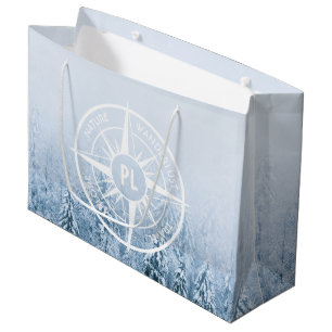 Compass star emblem monogram winter spruce forest large gift bag
