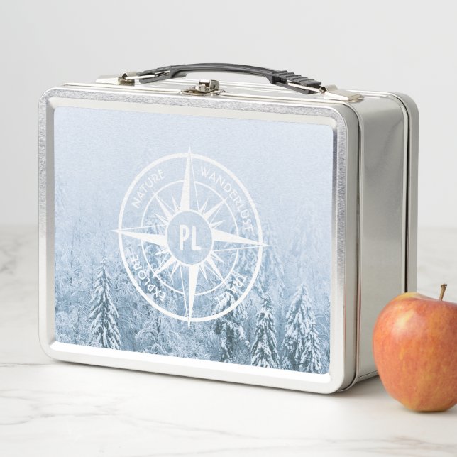 Compass star emblem monogram winter spruce forest metal lunch box (In Situ)