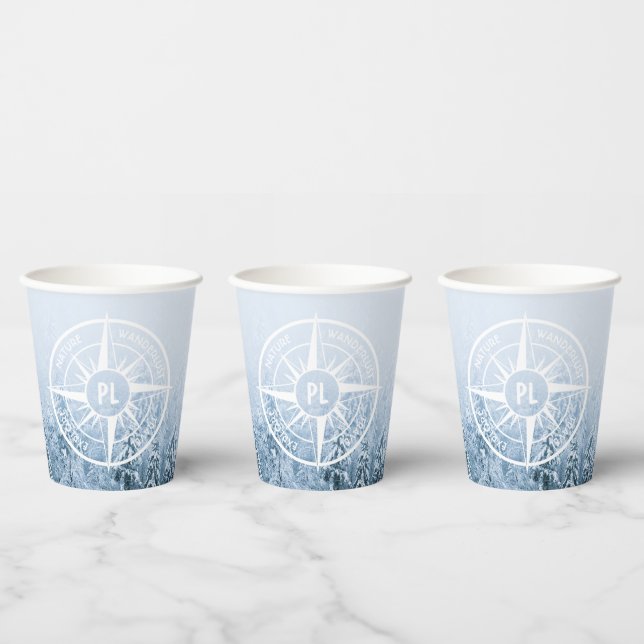 Compass star emblem monogram winter spruce forest paper cups (Multi)
