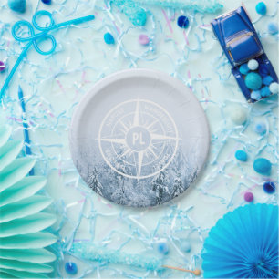 Compass star emblem monogram winter spruce forest paper plate