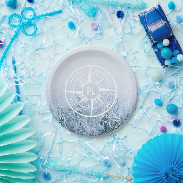 Compass star emblem monogram winter spruce forest paper plate (Party)
