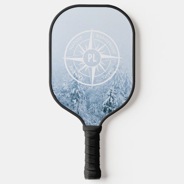 Compass star emblem monogram winter spruce forest pickleball paddle (Front)
