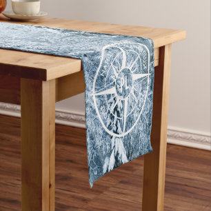Compass star emblem monogram winter spruce forest short table runner