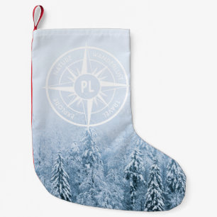 Compass star emblem monogram winter spruce forest small christmas stocking