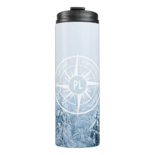 Compass star emblem monogram winter spruce forest thermal tumbler