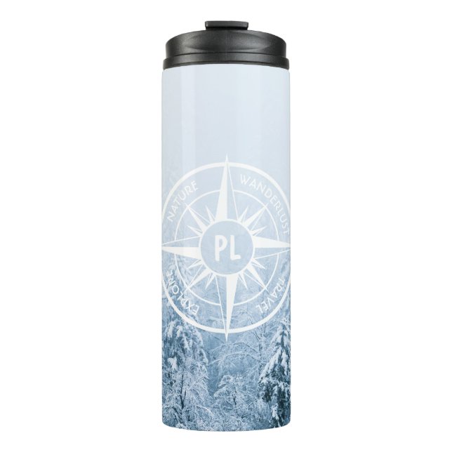 Compass star emblem monogram winter spruce forest thermal tumbler (Front)