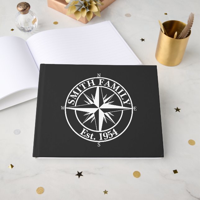 Compass star monogram personalizable emblem guest book (Front Open)