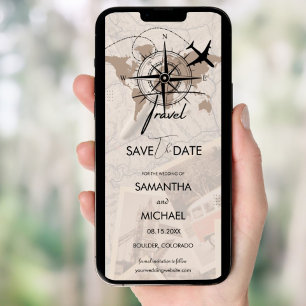 Compass Travel  Destination Brown Map Save the Dat Invitation