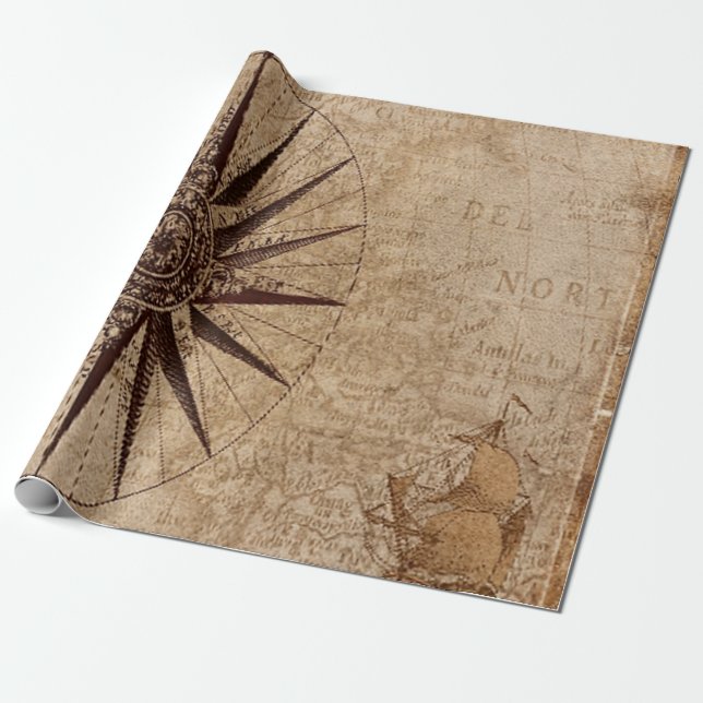 Compass Vintage Map Navigation Nautical Wrapping Paper (Unrolled)