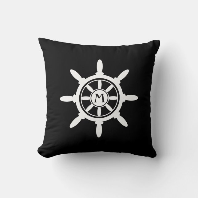 Compass & Wheel Nautical Monogram black white Cushion (Front)