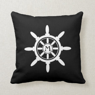 Compass & Wheel Nautical Monogram black white Cushion