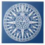Compass Wind Rose Blue White Tile<br><div class="desc">A vintage compass or wind rose design in white on a blue background gives this item an antique nautical look.</div>