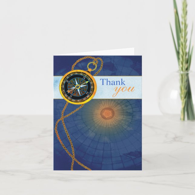 Compass + World Map Business Thank You Card (Front)