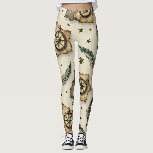 Compasses Old Maps Seamless Pattern Leggings (Front)