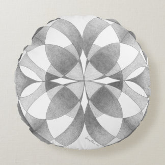 "Compassion & Balance" Mandala, Black, Gray, White Round Cushion
