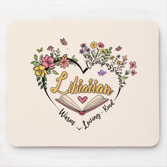 Compassionate Librarian – Floral Heart Design Mouse Pad (Front)