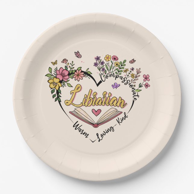 Compassionate Librarian – Floral Heart Design Paper Plate (Front)