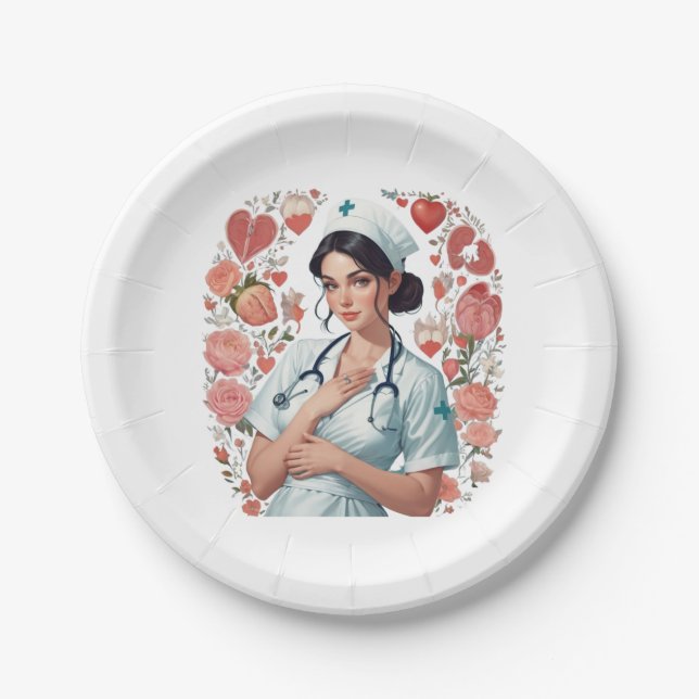 Compassionate Nurse – Elegant Floral Art Illustrat Paper Plate (Front)