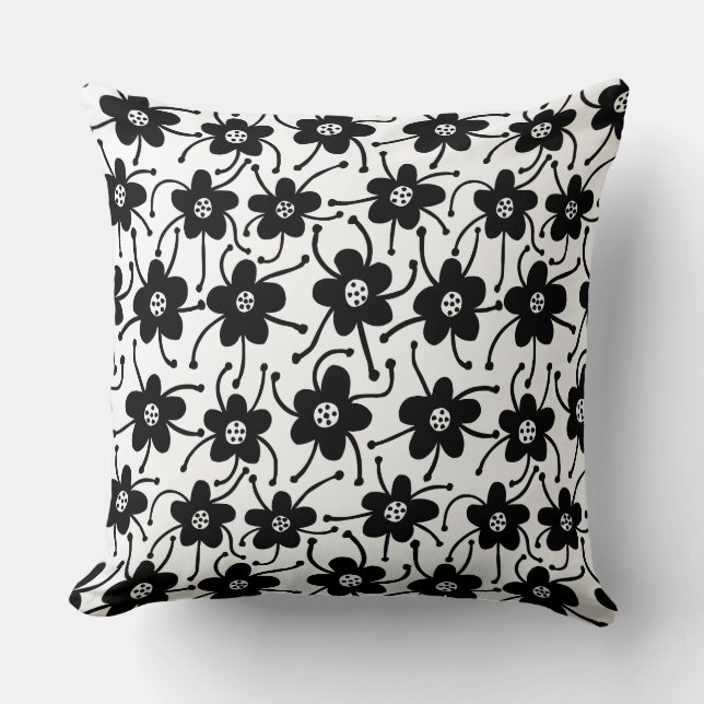 Competing Flowers - Black and White on White Cushion (Front)