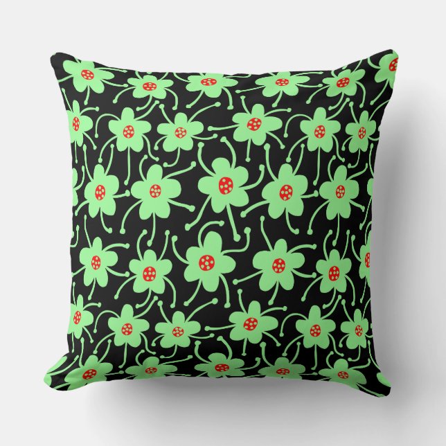 Competing Flowers - Mint Green and Red on Black Cushion (Front)