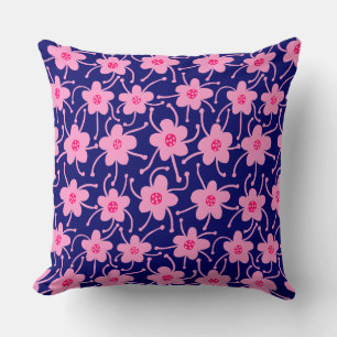 Competing Flowers - Neon Red and Pink on Deep Navy Cushion