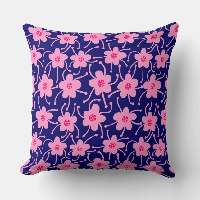 Competing Flowers - Neon Red and Pink on Deep Navy Cushion (Front)