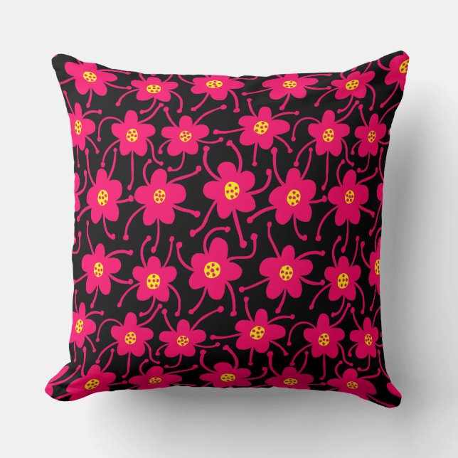 Competing Flowers - Neon Red and Yellow on Black Cushion (Front)