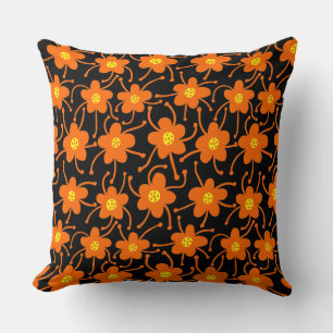 Competing Flowers - Orange and Yellow on Black Cushion