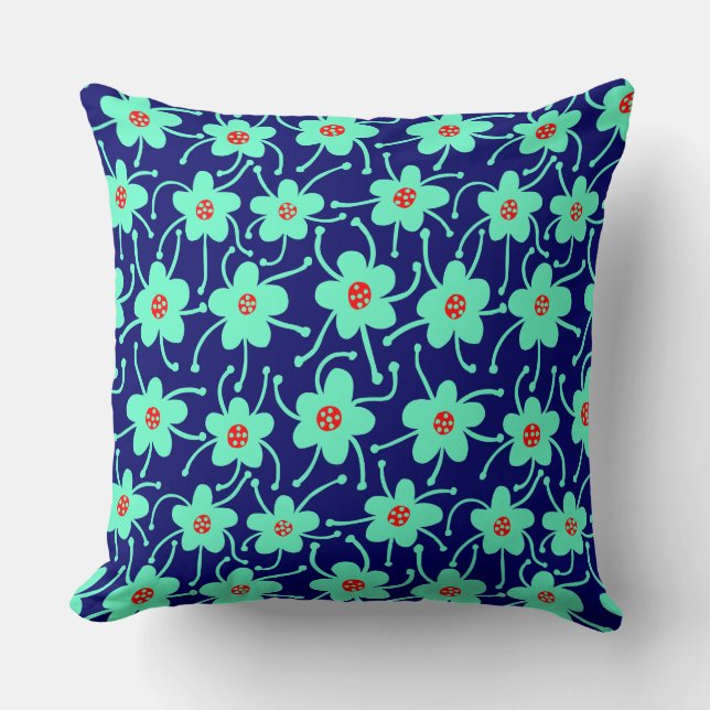 Competing Flowers - Turquoise and Red on Deep Navy Cushion (Front)