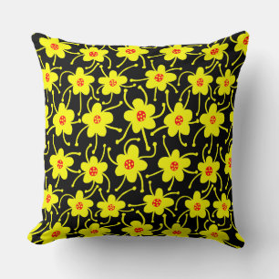 Competing Flowers - Yellow and Red on Black Cushion