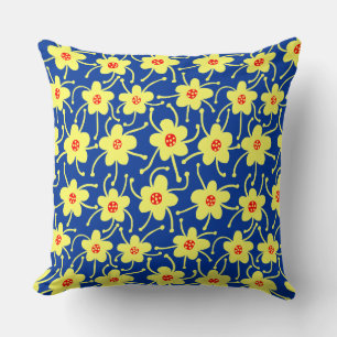 Competing Flowers - Yellow and Red on Navy Blue Cushion