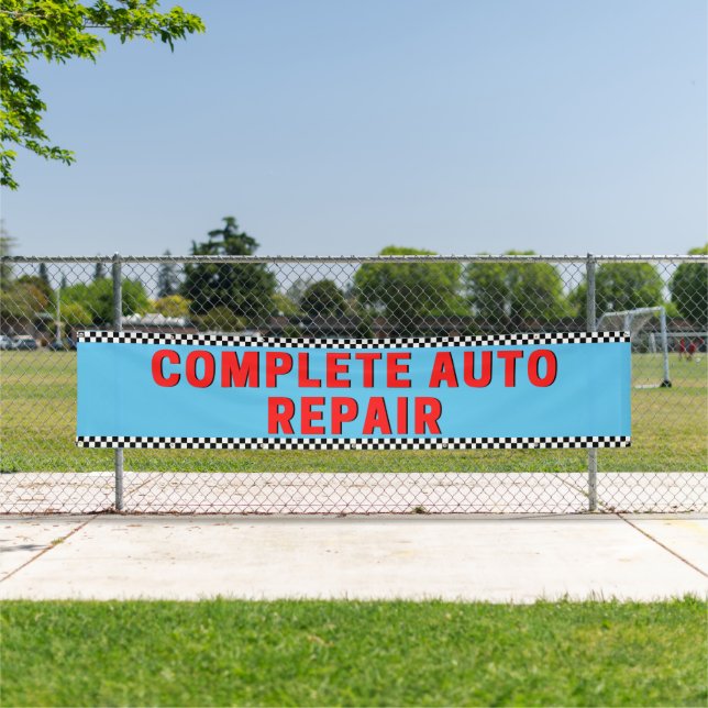 Complete Auto Repair Chequered Flag Large Blue Banner (Insitu)