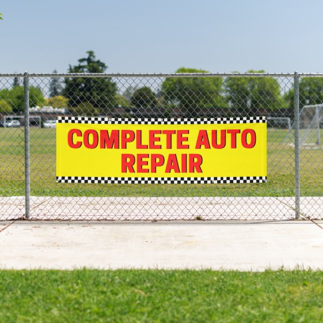 Complete Auto Repair Chequered Flag Large Yellow Banner (Insitu)