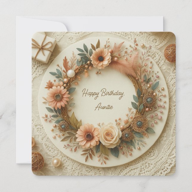 Completely Customisable Boho Floral Wreath Rounded Card (Front)