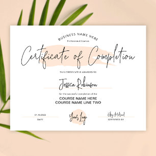 Completion Certificate Award Beige Watercolor
