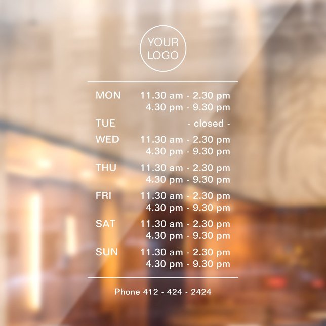 Complex Business Hours Store Front Window Decal (Modern, minimalist window cling with complex business hours, logo and phone number in white.)