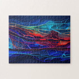 Complex connected lines in red and blue jigsaw puzzle