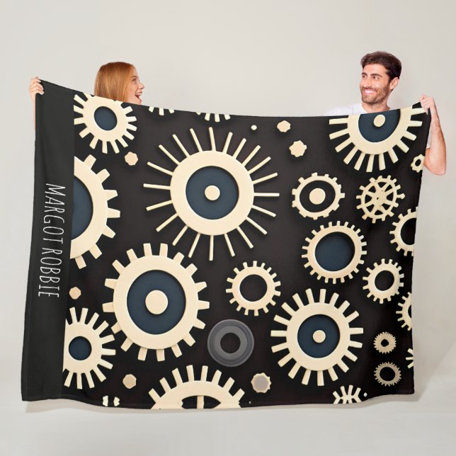 Complex Gears Beige Geometric Pattern Fleece Blanket (In Situ)