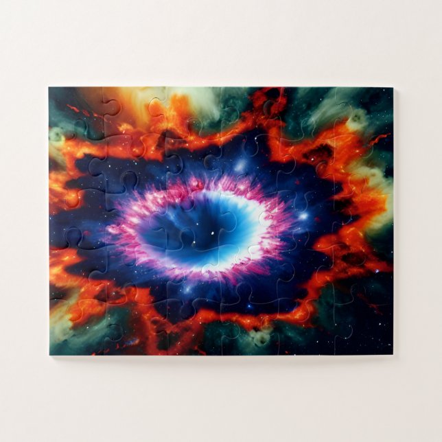 Complex red blue and purple cosmic splatter galaxy jigsaw puzzle (Horizontal)