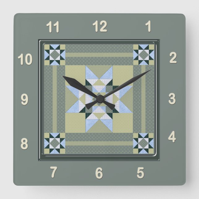 Complex Star Patch Quilt Block in Greens Square Wall Clock (Front)